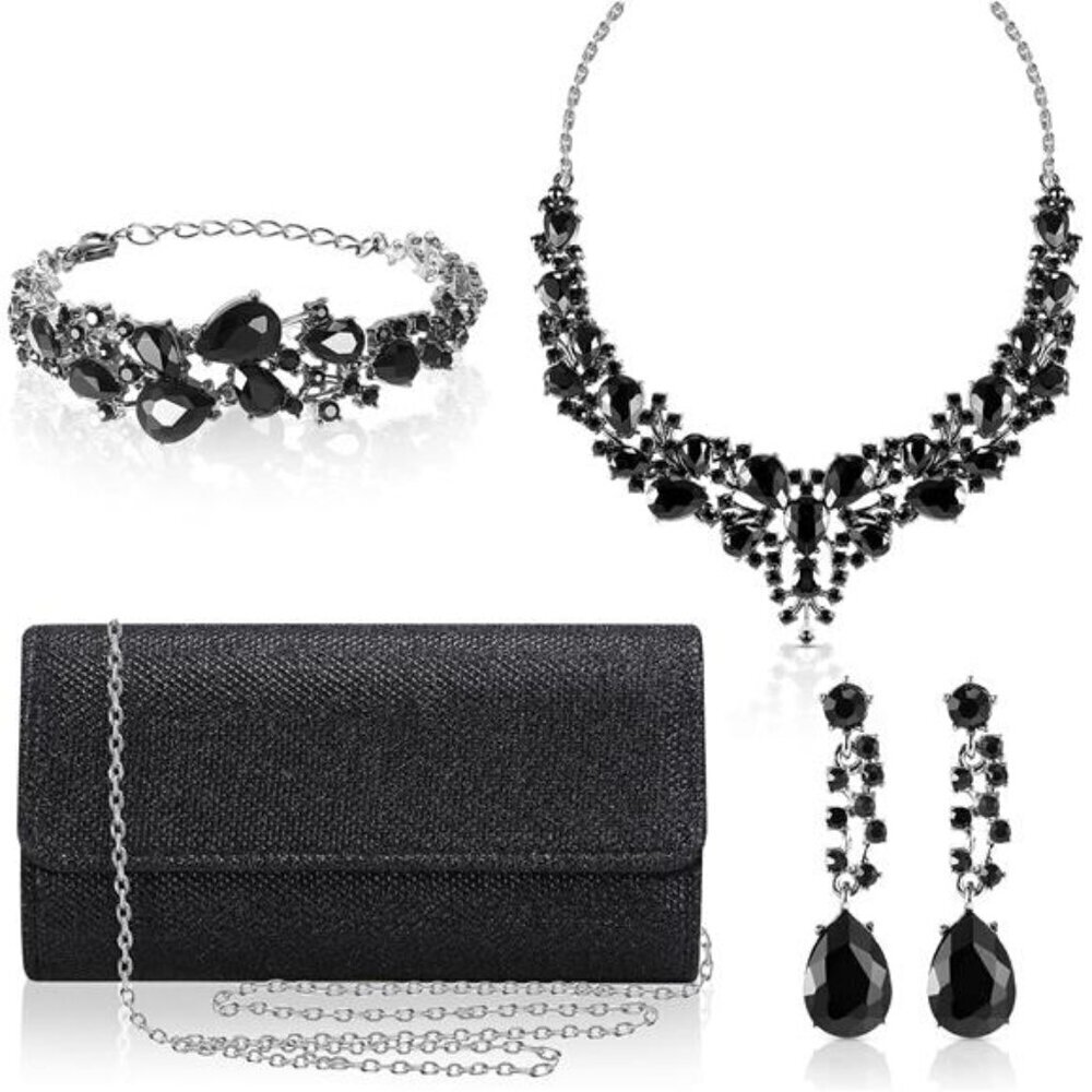4 Pcs Black Rhinestone Jewelry Set Floral Teardrop Crystal Earrings & Clutch